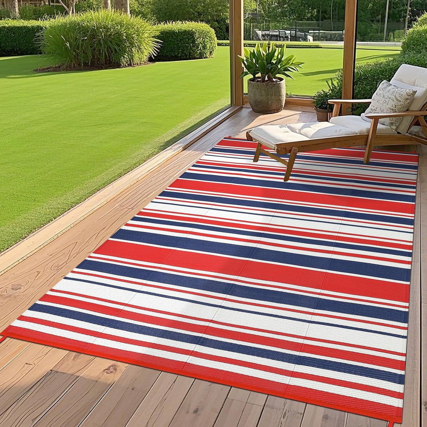 Outdoor Patio Rug 9x12 Stain-Resistant Reversible Camping Mat, Modern Striped Outdoor Plastic Straw Rug, Waterproof Outside Carpet, Easy to Clean for RV, Porch, Deck, Balcony, Red Blue White