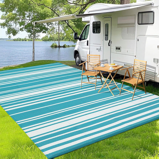 Outdoor Patio Rug 9x12 Stain-Resistant Reversible Camping Mat, Modern Striped Outdoor Plastic Straw Rug, Waterproof Outside Carpet, Easy to Clean for RV, Porch, Deck, Balcony, Light Blue