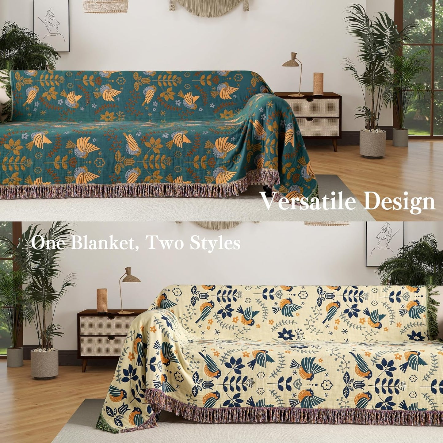 Boho Throw Blanket Queen Size, Oversized Soft Cozy Cotton Muslin Quilt Blanket for Bed Decor, Bird Patterned Couch Sofa Chair Cover, Vintage Farmhouse Cottage Woven Blanket, Green&Beige