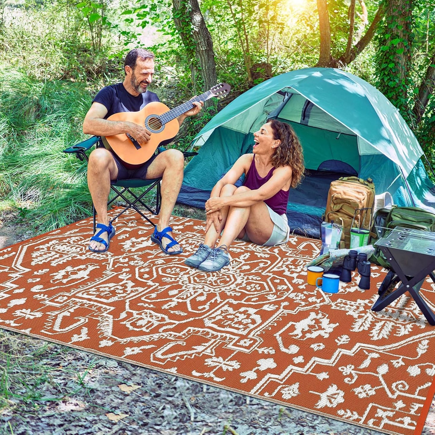 Outdoor Rug 9x12 Waterproof Reversible Plastic Straw Patio Rug, Stain-Resistant Vintage Medallion Carpet, Large Easy-Cleaning Indoor Outdoor RV Mat for Deck, Camping, Balcony, Terracotta Brick/White