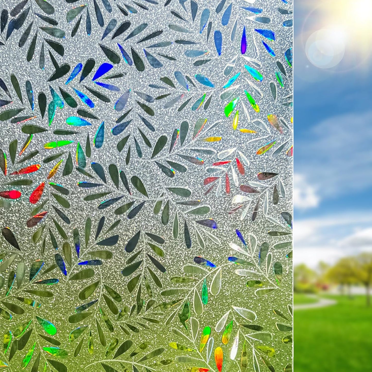DUOFIRE Window Privacy Film Rainbow Window Film Decorative Leaves Pattern Window Cling Frosted Reusable Anti-UV Non-Adhesive Static Cling Privacy Film for Home Office 23.6 × 78.7 inches