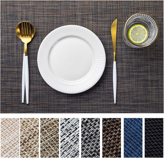 LEXMORE Placemats Set of 8 Vinyl/Plastic Woven Place Mats for Kitchen Table Indoor/Outdoor Washable Placemat Wipeable Dining Table Mats(Black/Brown)