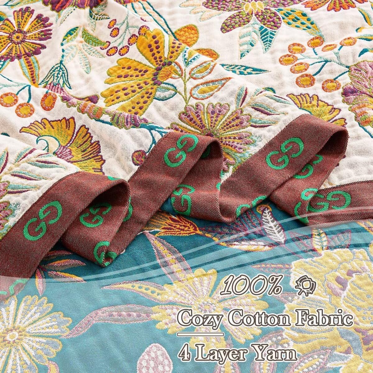 Boho Throw Blanket, 100% Cotton Ultra Soft Luxury Throw Rustic Quilt, 80"x90" Floral Printed Farmhouse Decor Bed Summer Blankets, All Season Rustic Reversible Bohemian Throw for Bed - White