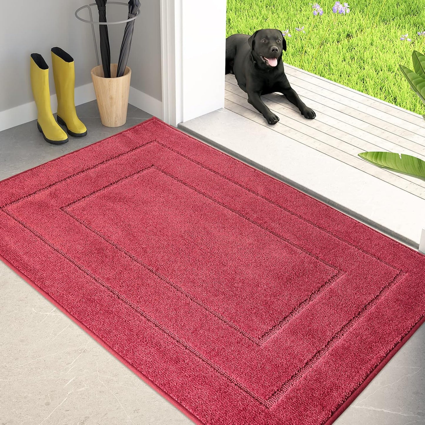 PURRUGS Dirt Trapping Door Mat 32" x 47", Non-Slip/Skid Machine Washable Entryway Rug, Dog Doormat, Super Absorbent Welcome Mat for Muddy Wet Shoes and Paws, Burgundy Red