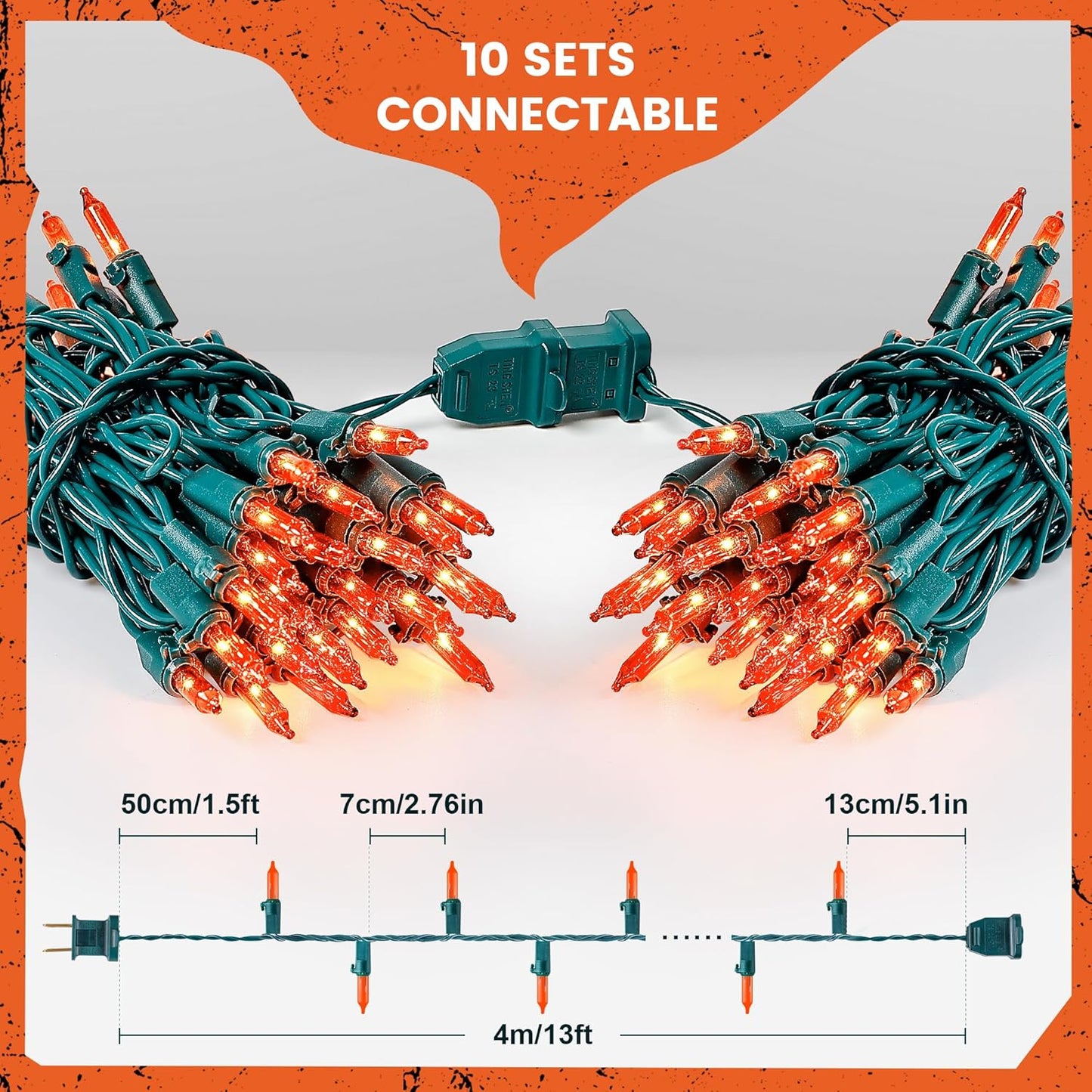 Orange Halloween Tree Lights with Green Wire,13ft 50 Incandescent Bulb Waterproof Fairy Lights，Plug in Mini String Lights for Christmas, Patio, Holiday, Party, Home, Indoor Outdoor Decor
