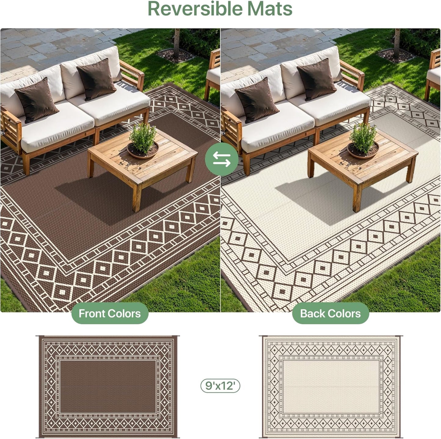 GENIMO Outdoor Rug Waterproof for Patio, 9'x12' Foldable Reversible Plastic Straw Carpet for Travel Trailers, Outside Area Mat for Rv, Deck, Picnic, Porch, Camper, Balcony, Beach, Coffee & Beige