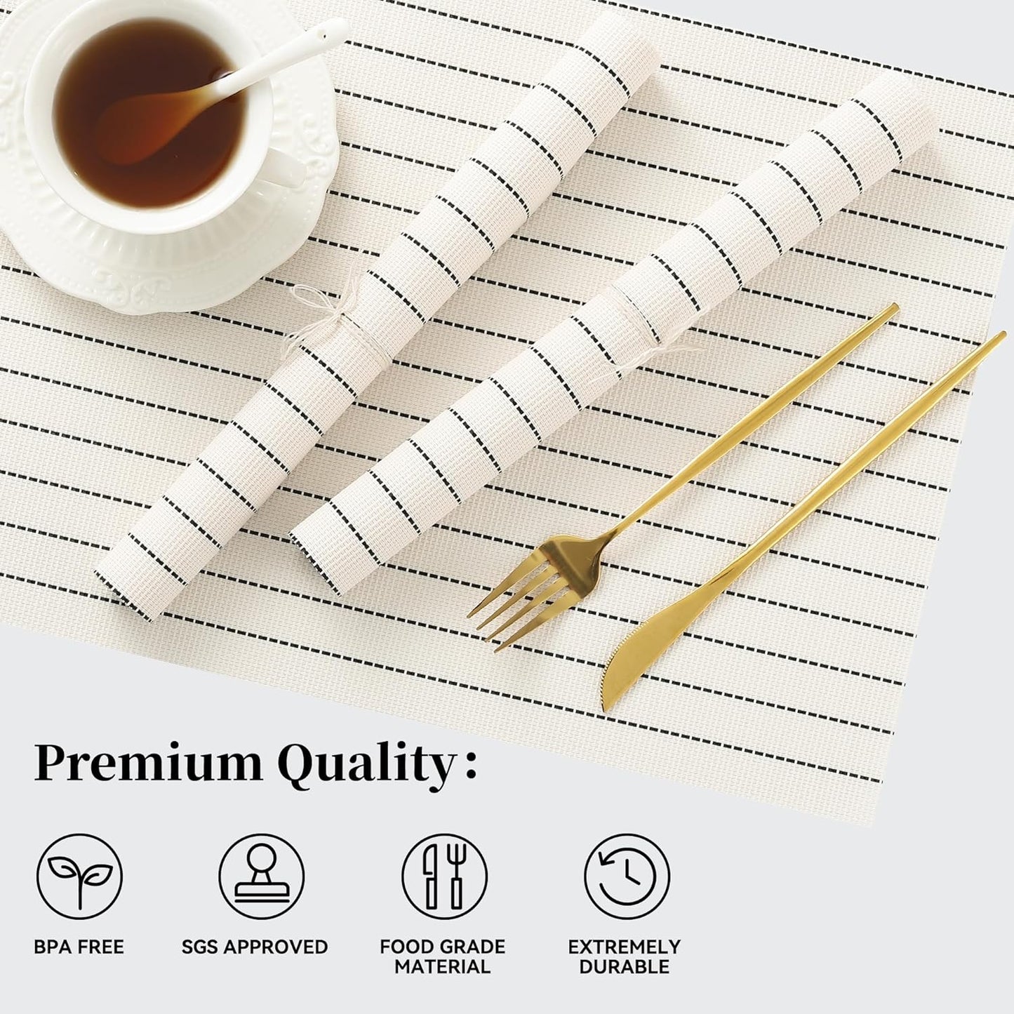 Leetaltree White with Black Stripes Placemats Set of 12 - Heat Resistant Non-Slip Place mats for Dining Table, Washable Durable PVC Vinyl Woven Table Mats（White Stripes, 12）