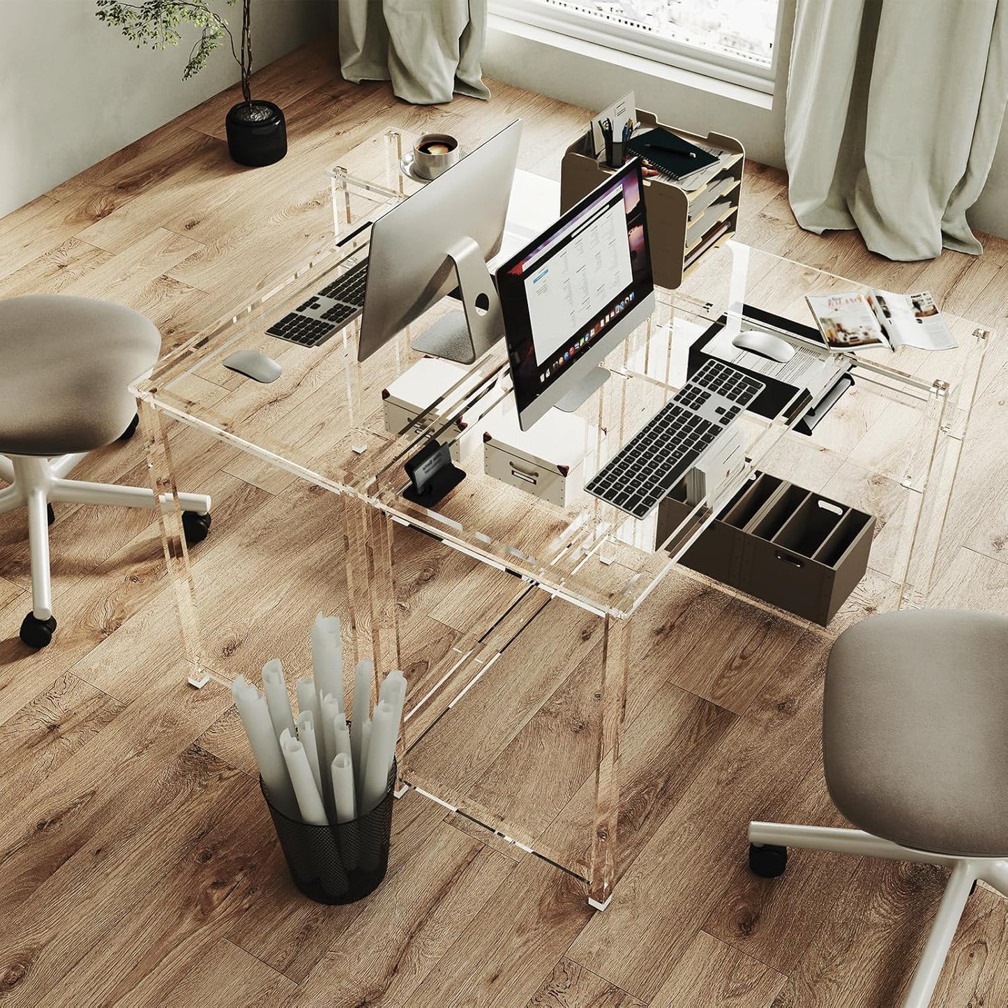 Eglaf Acrylic L-Shaped Desk - Clear Desk with Reversible Storage Shelves - Modern Home Office Desk Corner Desk for Study, Writing, Rectangular Legs, Easy Assembly, 39.4" L x 27''W x 29.5" H