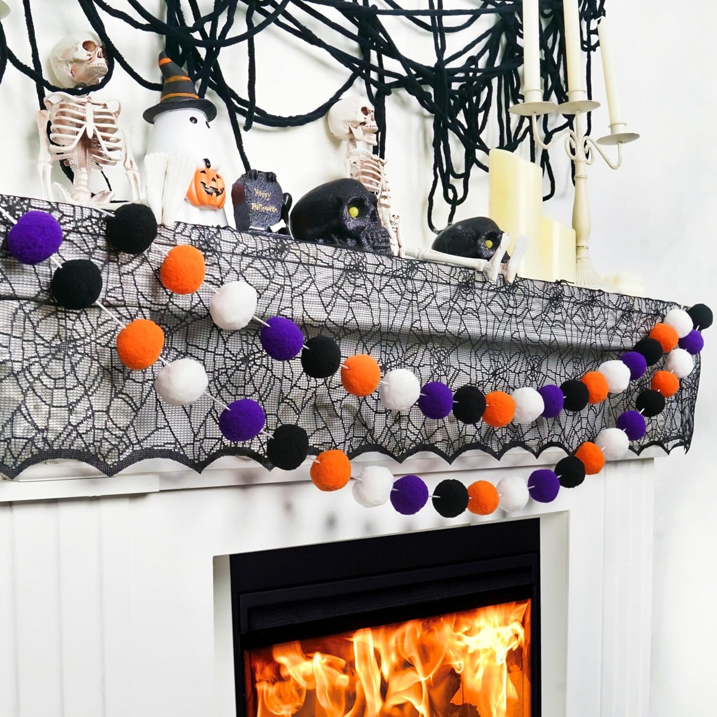 XmasExp Pom Pom Garland Decorations - Large Spring Felt Ball Garland for Mantle, Indoor Home Decor, Easter Tree Ornaments, Kids Room and Party Hanging Decor,13 Ft. (Halloween, 1.57")