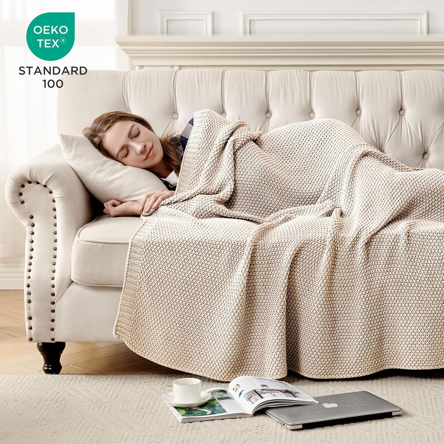 Joydeco Chunky Cable Knit Throw Blanket, Lightweight 100% Organic Cotton Soft Cozy Throw Twin Blanket for Couch Bed and Sofa, Rustic Breathable Farmhouse Blanket Gift for Women Men(Beige, 51"x63")