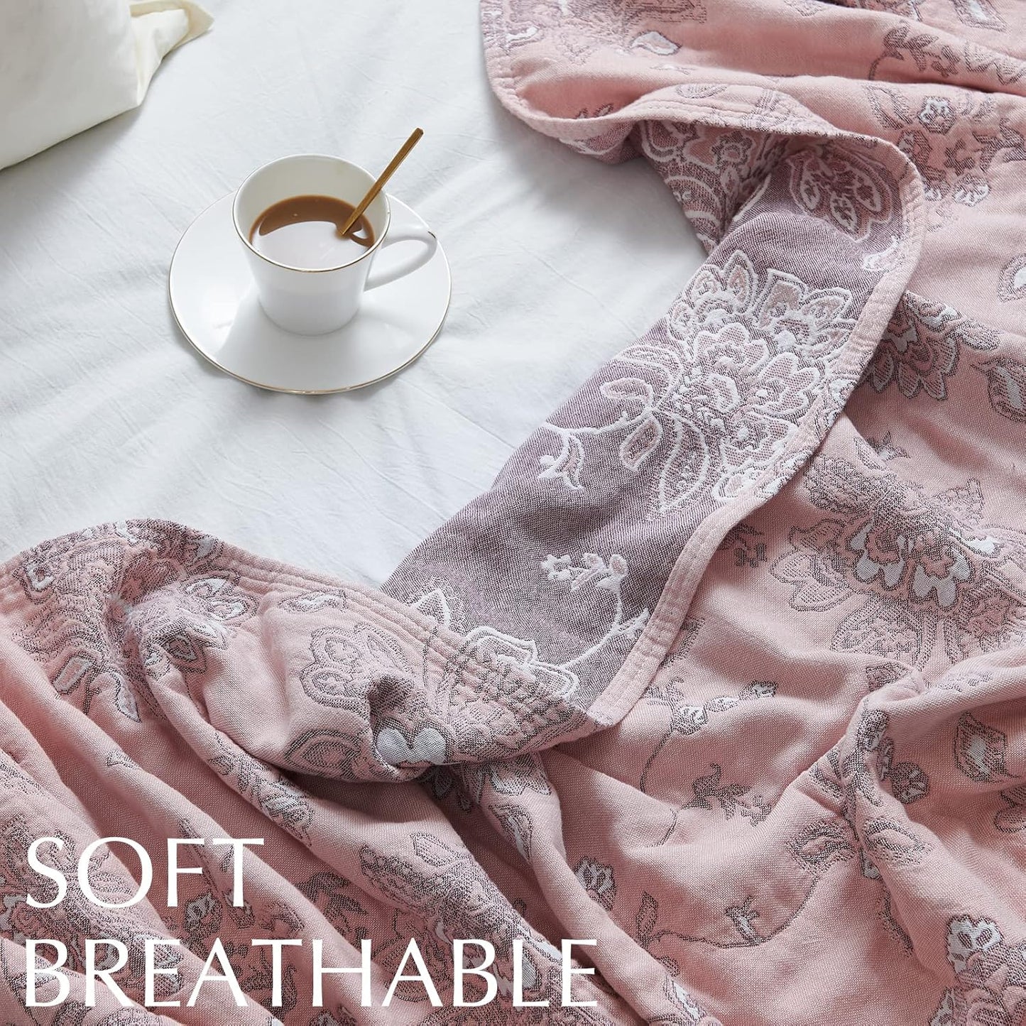 jinchan Boho 100% Cotton Muslin Twin Size 60x80 Inches Blanket Lightweight 4-Layer Quilted Soft Pink Red Floral Throw Blanket Reversible Comfy Flower Breathable All Seasons Couch Bedroom Decor