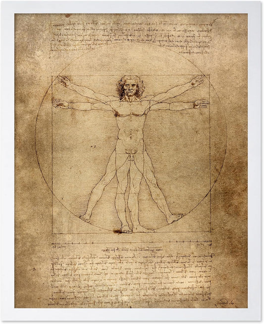 Poster Master Classic Leonardo Da Vinci Poster - Vintage Renaissance Print - Gift for Artist, Friend - Vitruvian Man, Proportion, Symmetry, Human Body - Wall Decor for Office, 11x14 White Framed