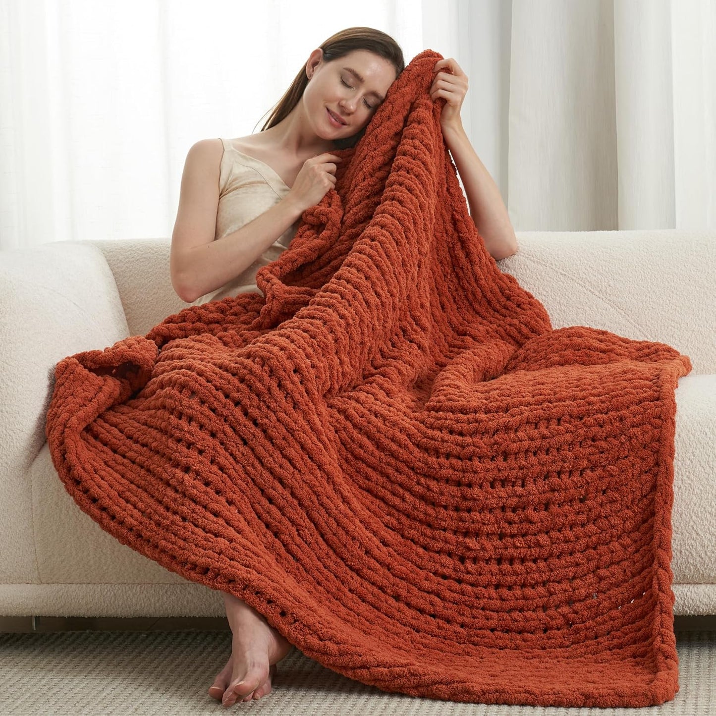 Amélie Home Chunky Knit Throw Blanket for Couch, Soft Chenille Crochet Blanket for Sofa, 50"x60", Burnt Orange