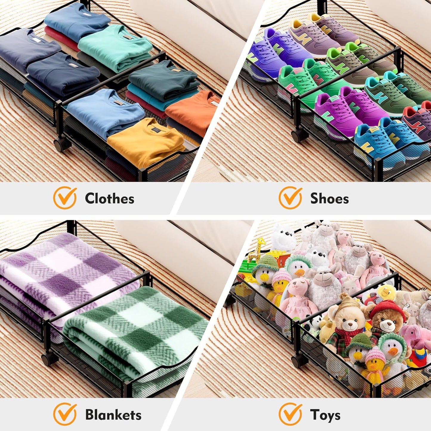 2 Pack Under Bed Storage with Wheels, 36" Lengthen Underbed Storage Containers with Lids, Large Capacity Under Bed Shoe Storage, Metal Clothes Organizer, Storage Box for Clothing Shoes Blankets Sheet