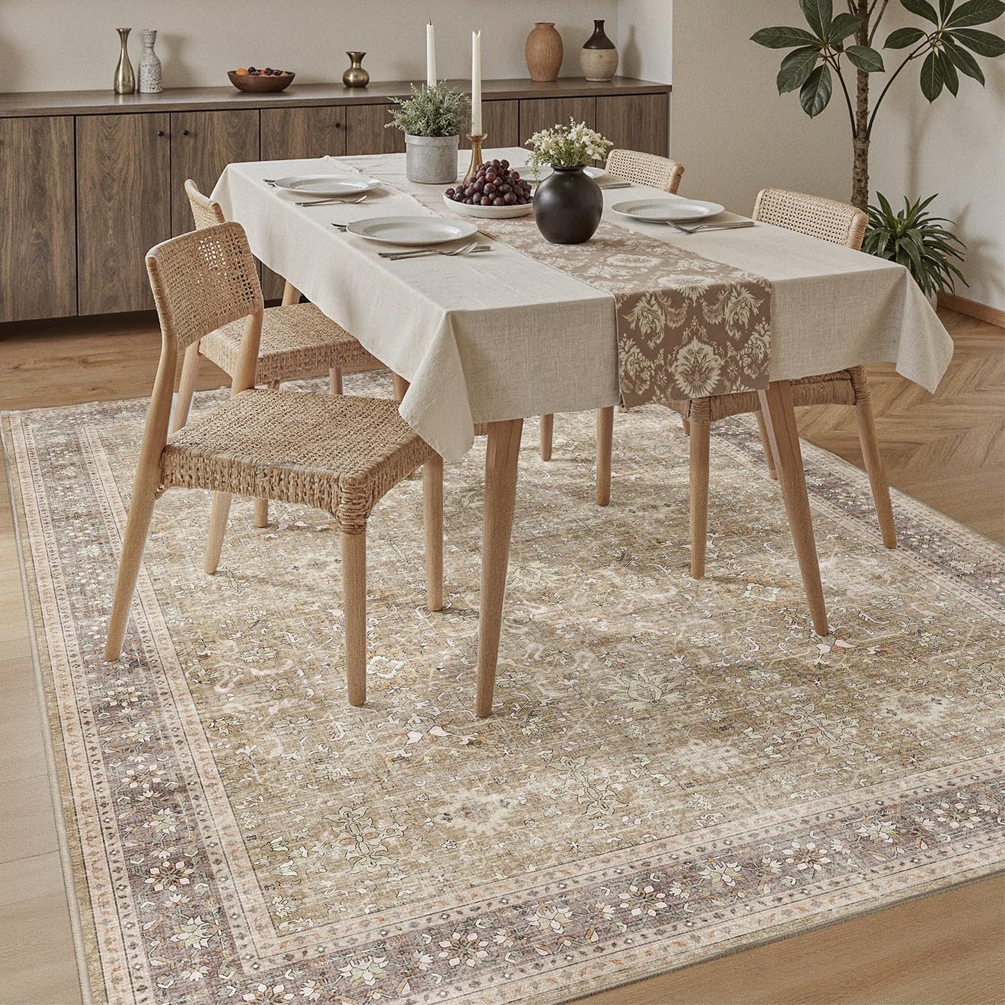 DCX Machine Washable Brown and Beige Area Rug 8x10, Non Slip Stain Resistant Vintage Rug for Living Room Diningroom Bedroom Nursery, Soft Low Pile Large Carpet