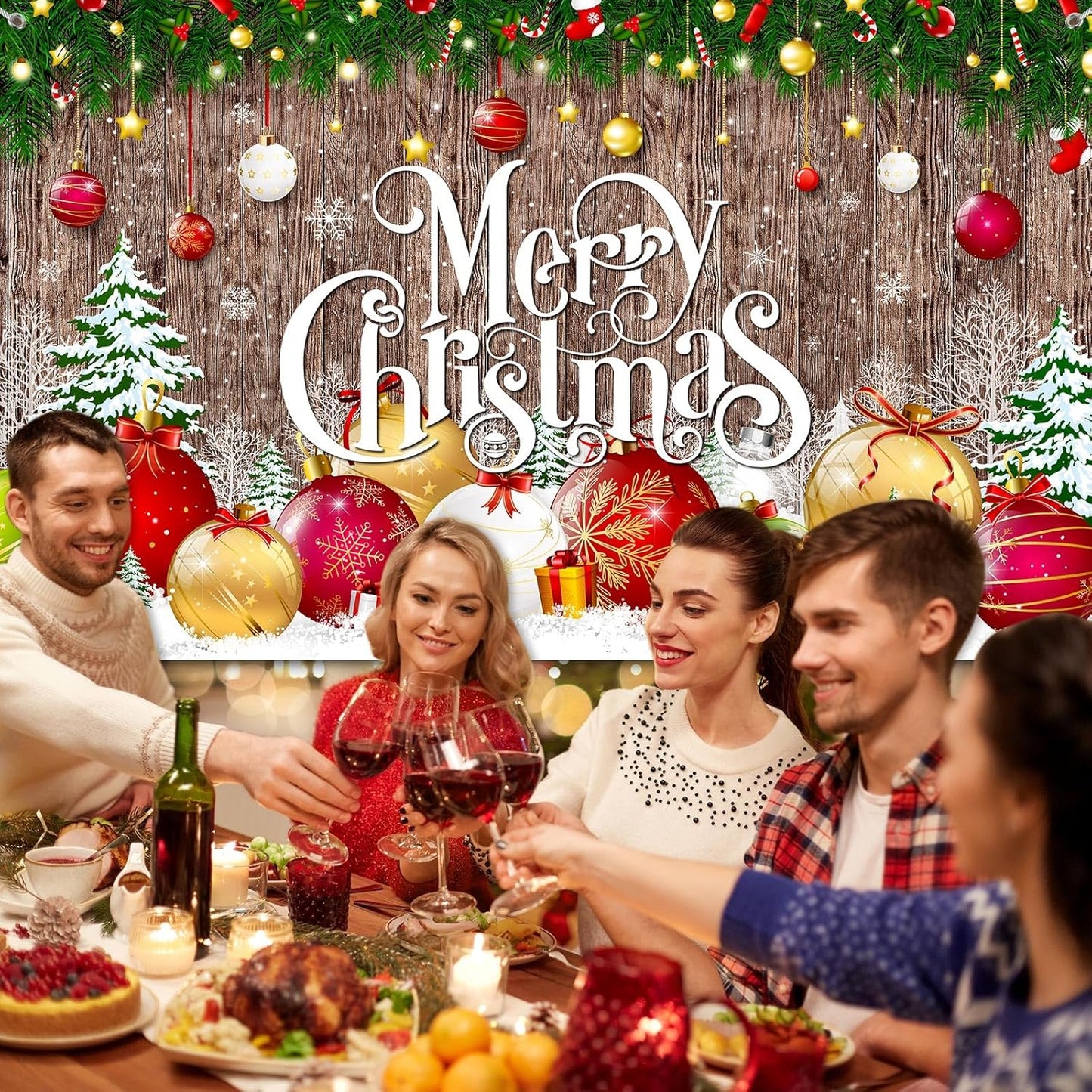 Irenare Christmas Backdrop Merry Christmas Banner Party Decoration Xmas Photography Background Photo Props for Winter Holiday New Year Eve Family Party Decoration Supplies(Large Xmas Ball)