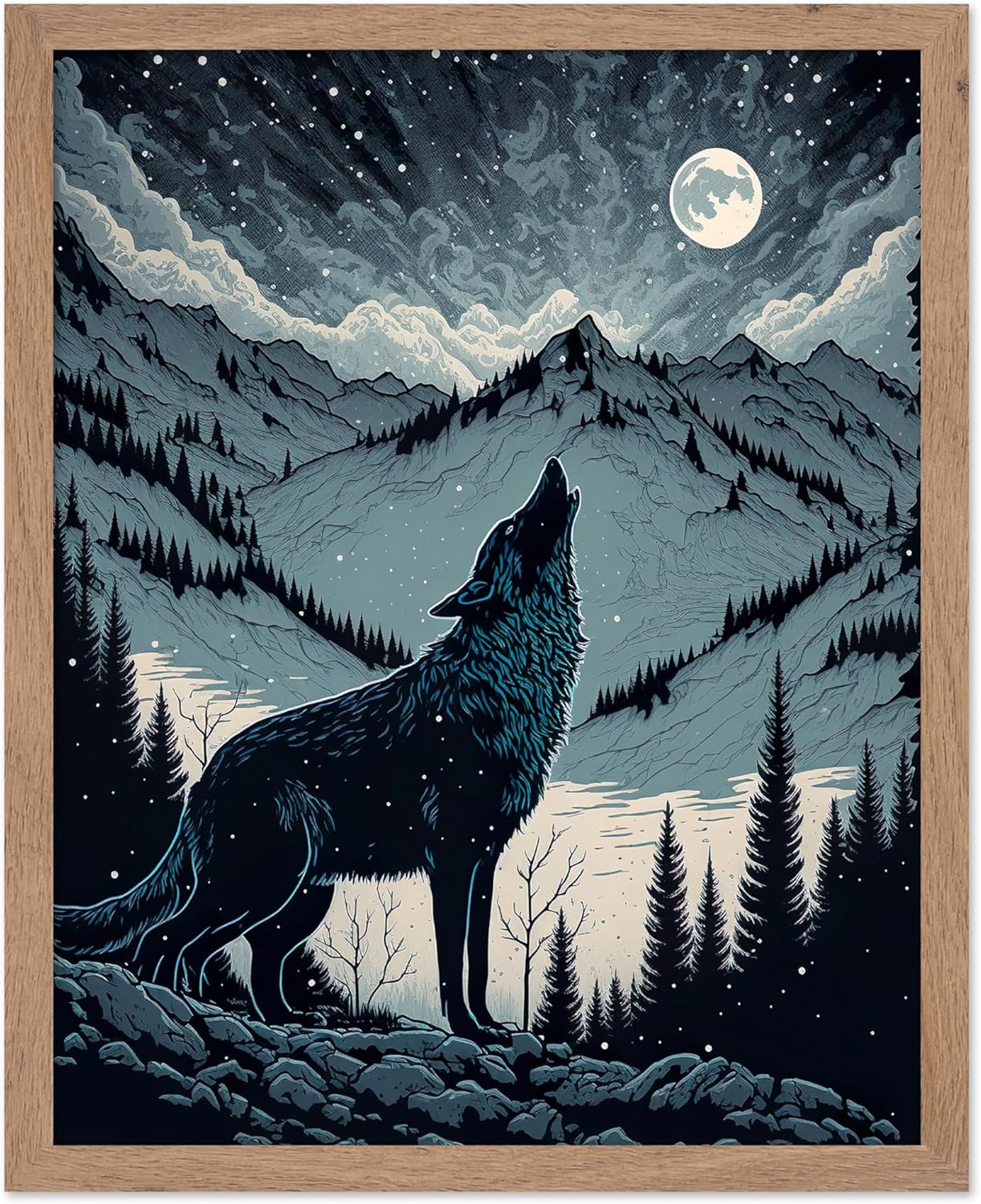 Poster Master Vintage Illustration Poster - Retro Animal Print - Gift for Artist, Friend - Wolf Howling at the Moon, Mountain, Snow, Landscape - Wall Decor for Home, Office, 8x10 Beige Framed