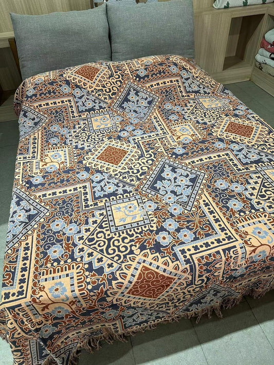 Boho Throw Blanket for Bed 60”x80”, 100% Cotton Woven Blanket for Couch Sofa, Ultra Soft 4-Layer Muslin Quilt with Diamond Pattern, Farmhouse Bed Blanket/Cover for Living Room Decor