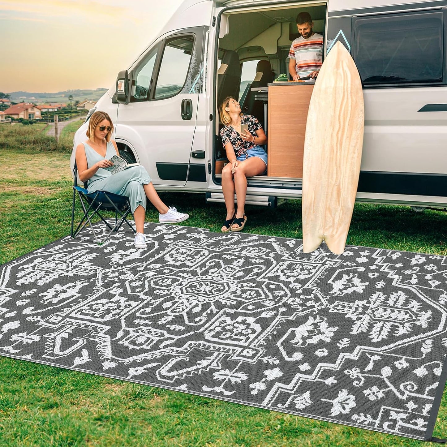Outdoor Rug 8x10 Waterproof Reversible Plastic Straw Mat, UV-Resistant Vintage Medallion Camping Carpet for Patio, Deck, Balcony, Picnic, Large Outside Floor Mat, Grey White