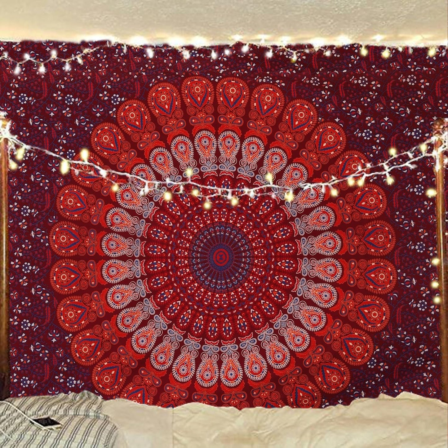 Bless International Handmade Indian hippie Bohemian Psychedelic Peacock Mandala Wall hanging College Dorm Beach Throws Table Cloth Bedding Tapestry (Blue Red, Medium(54x60Inches)(137x152cms))