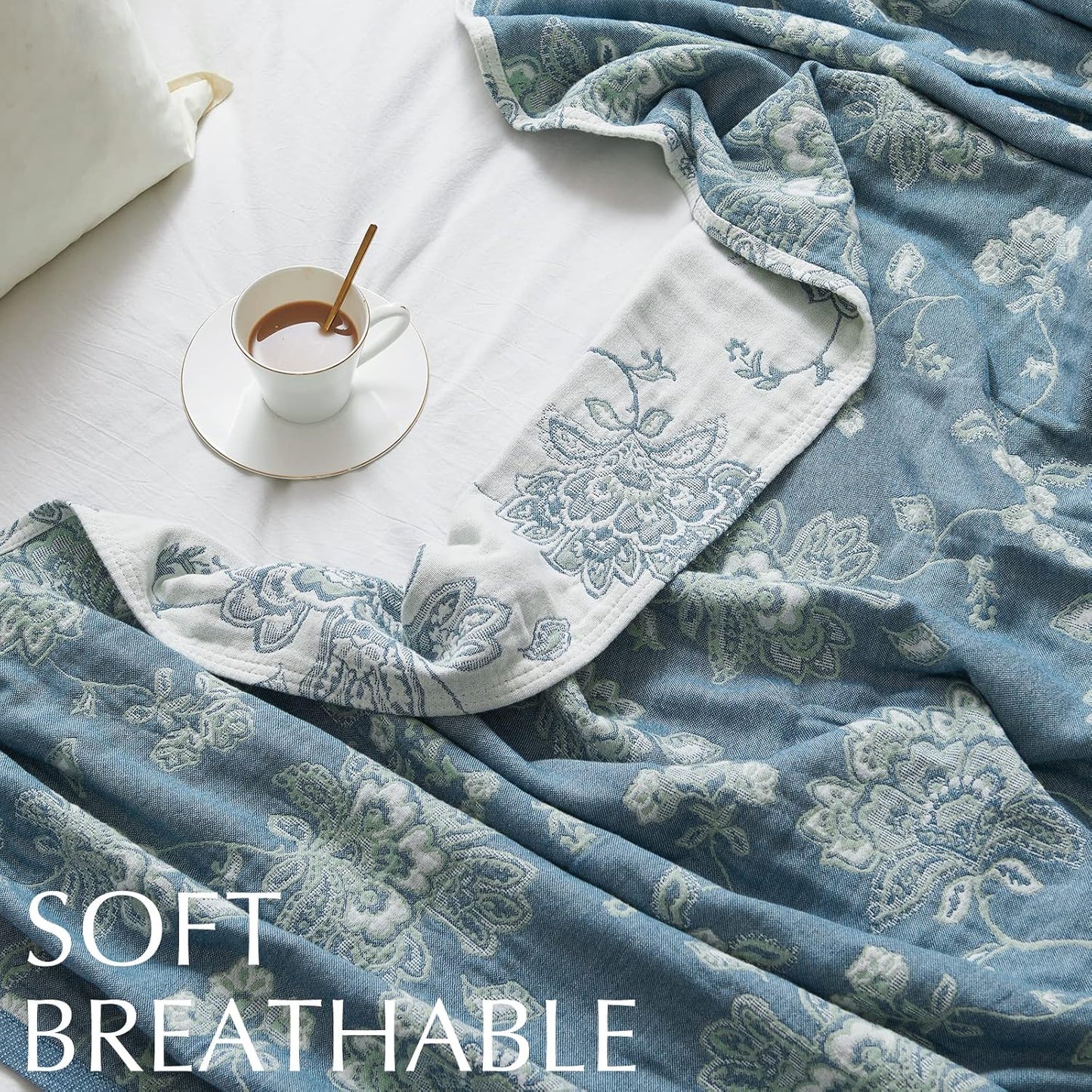 jinchan Boho 100% Cotton Muslin Twin Size 50x60 Inches Blanket Lightweight 4-Layer Quilted Soft Blue and White Floral Throw Blanket Green Accents Reversible Comfy Flower Breathable Summer Couch