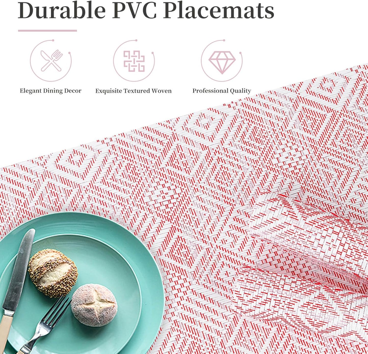Vinyl Plastic Placemats Set of 6 Washable Heat Resistant Non-Slip Elegant Indoor Outdoor Kitchen Dining PVC Woven Table Place Mats (Red Pink Squares)