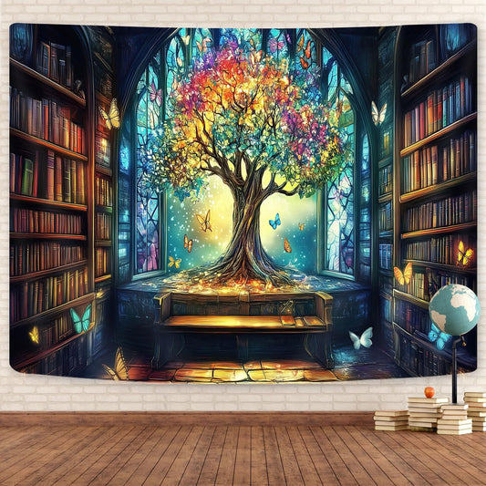 Mysterious Library Tapestry, Fantasy Enchanted Tree Magic Bookshelf Aesthetic Tapestries for Classroom, Witchy Fairy Tree Vintage Bookshelf Book Art Tapestry Wall Hanging College Room Bedroom, 60X40