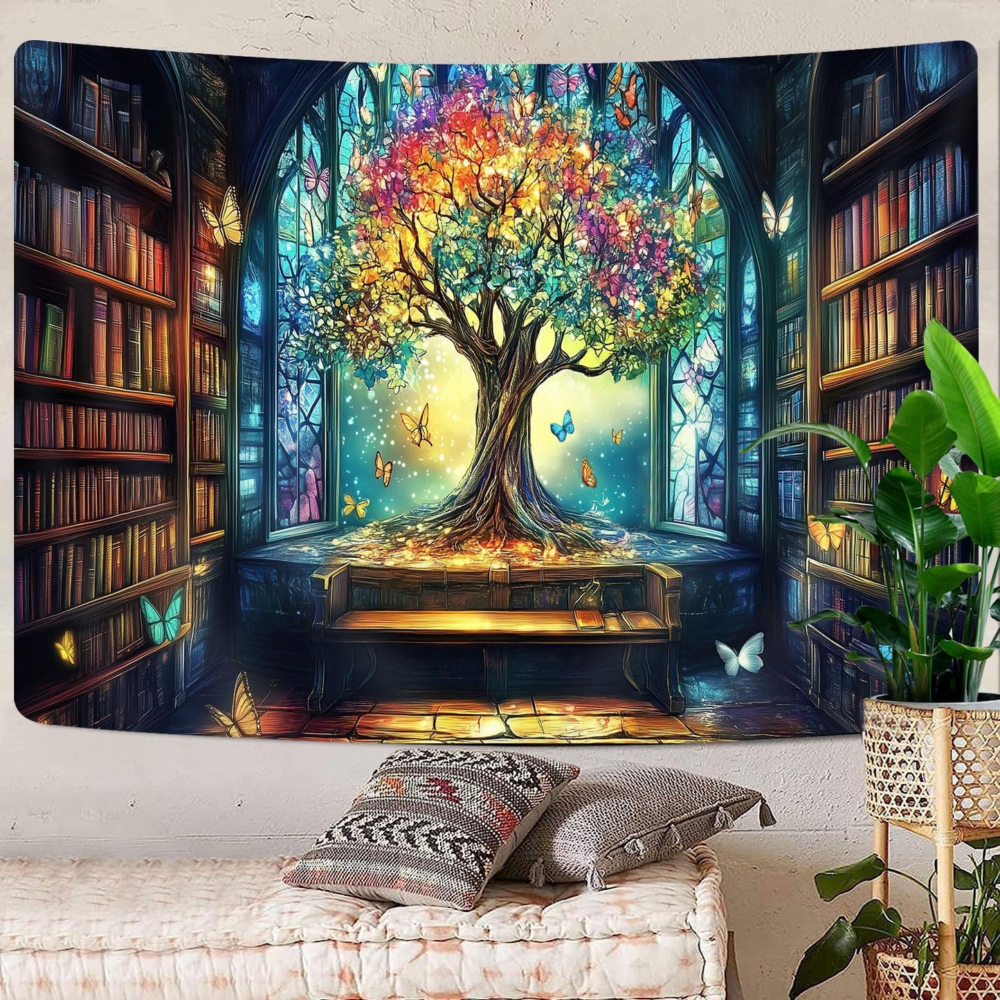 Mysterious Library Tapestry, Fantasy Enchanted Tree Magic Bookshelf Aesthetic Tapestries for Classroom, Witchy Fairy Tree Vintage Bookshelf Book Art Tapestry Wall Hanging College Room Bedroom, 80X60
