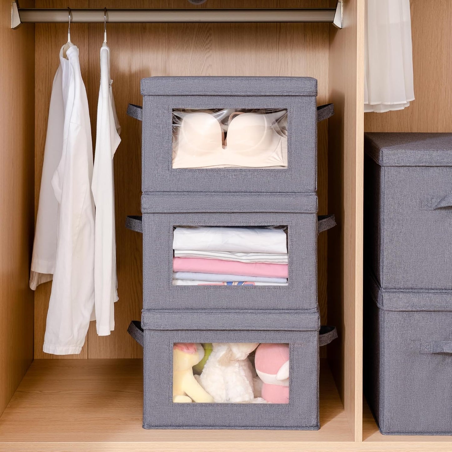 Citylife 3-Pack Collapsible Storage Bins with Lids, Linen Fabric Foldable Storage Boxes, Cube Closet Organization for Clothes, Blankets and Books, Gray