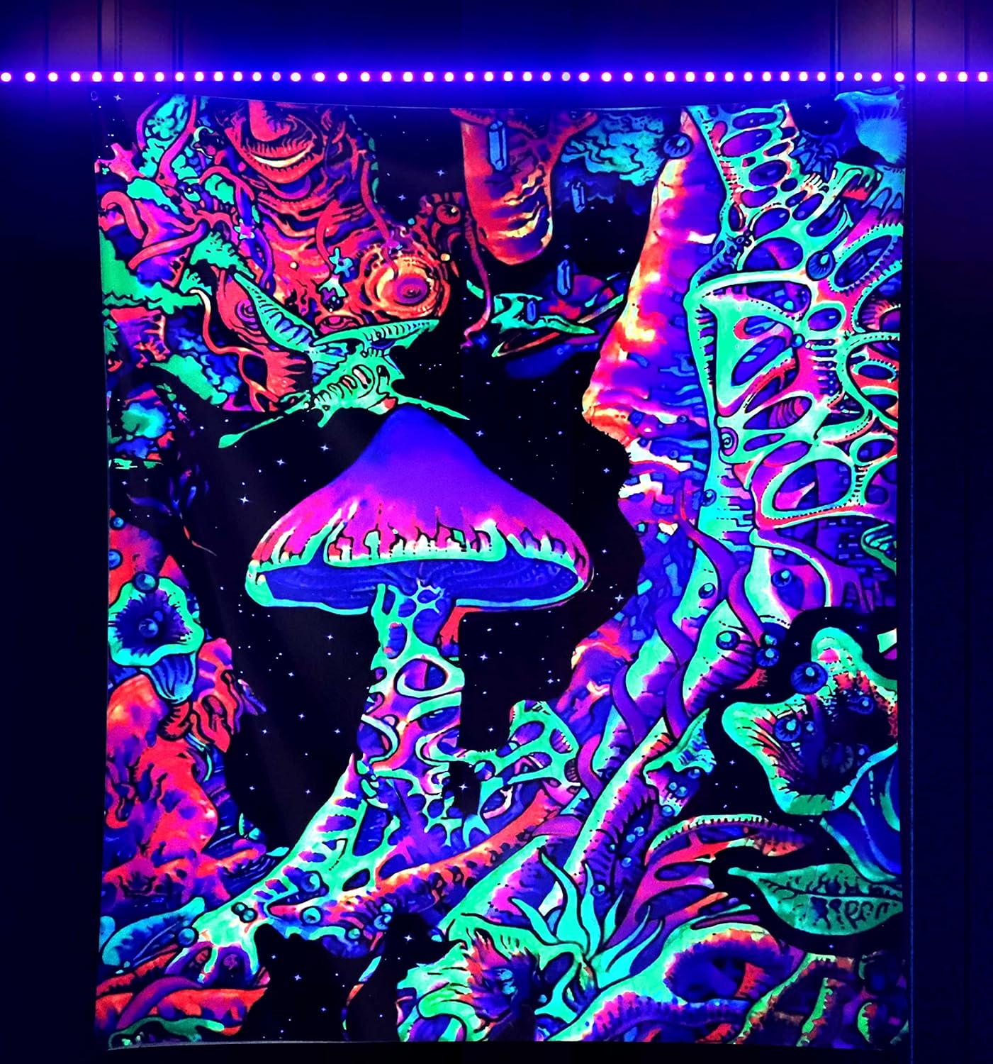 ADDWel Blacklight Mushroom Tapestry, Upright Tapestry Glow In The Dark, UV Reactive Black Light Tapestries Posters Wall Hanging for Backdrop Bedroom Dorm Living Room Decor(60"x80")