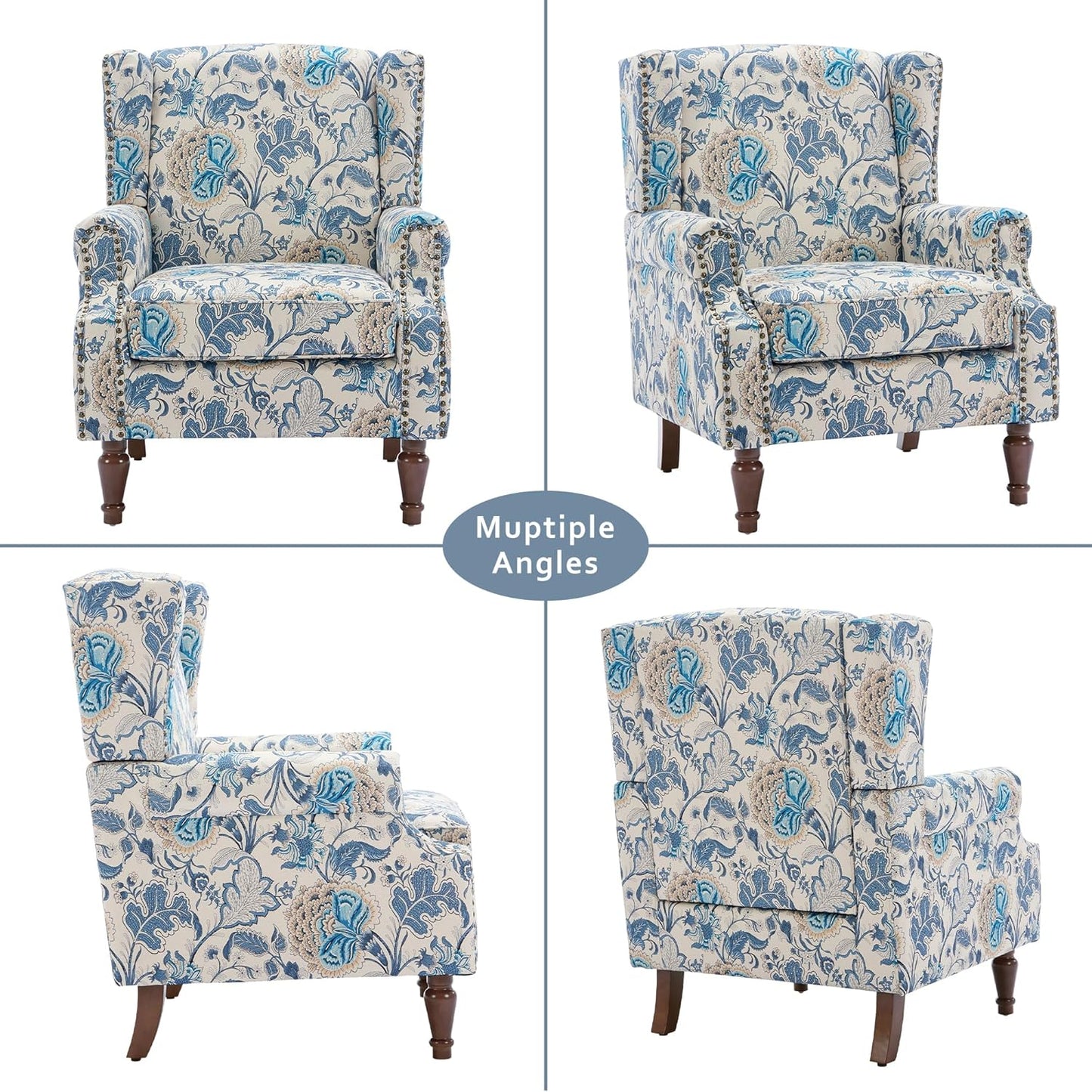 Lumibee Wingback Accent Chair, 2 Set High Back Floral Armchairs in Fabric,Comfy Upholstered Reading Single Sofa Chairs with Solid Wood Legs for Living Room,Bedroom,Office-Boho Blue