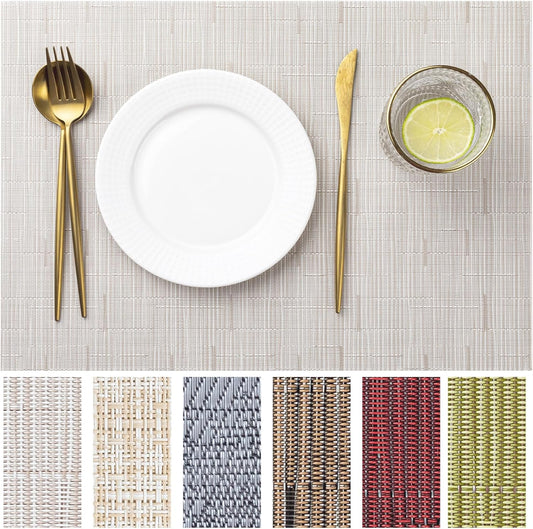 LEXMORE Placemats Set of 4 Vinyl/Plastic Woven Place Mats for Kitchen Table Indoor/Outdoor Washable Placemat Wipeable Dining Table Mats(Pale Beige)