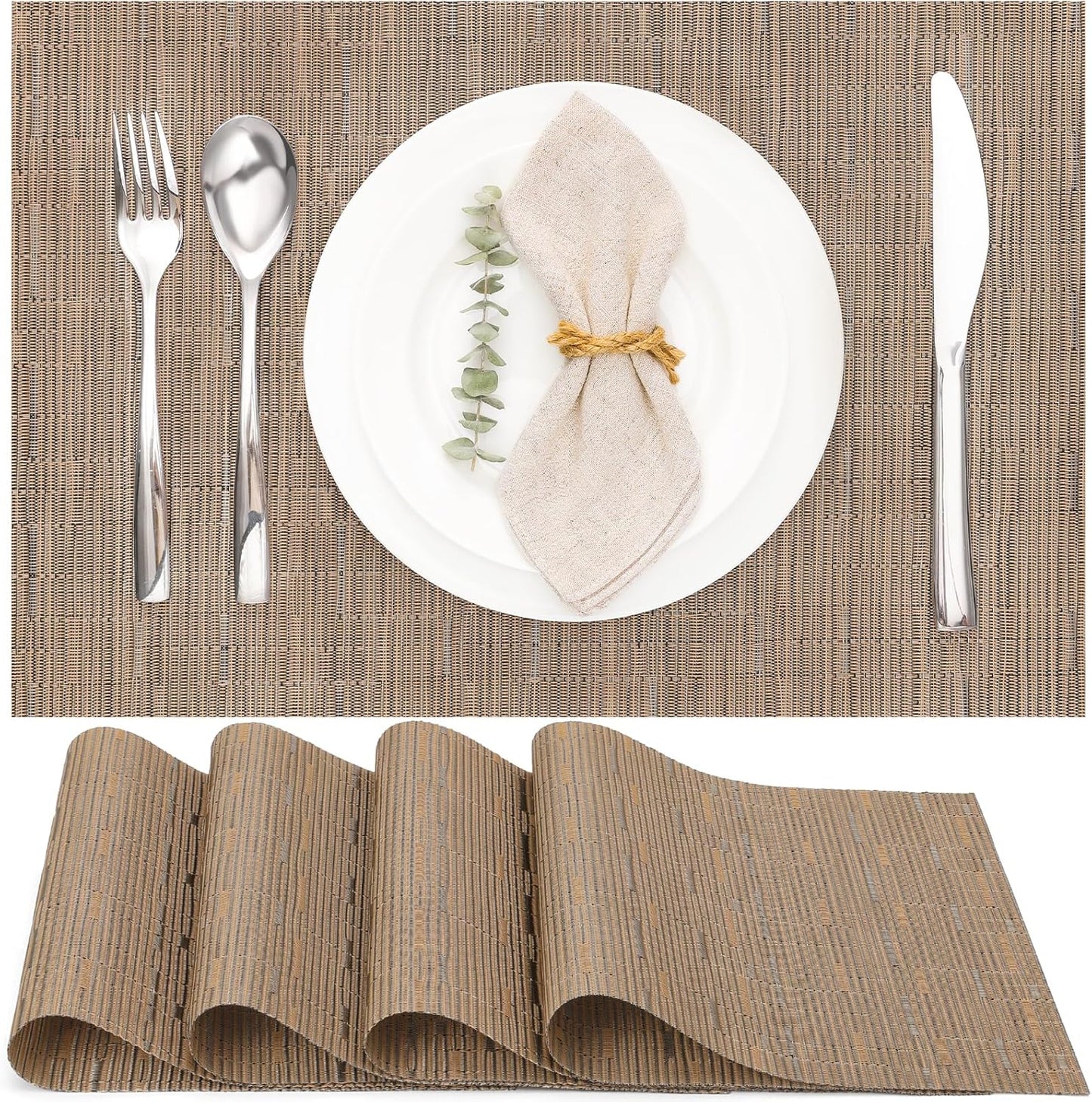 Myir JUN Placemats Set of 4, Vinyl Woven Placemats Place Mats Indoor Set of 4 Washable Table Mats Non-Slip Place mats for Dining Table (Light Brown, Set of 4)
