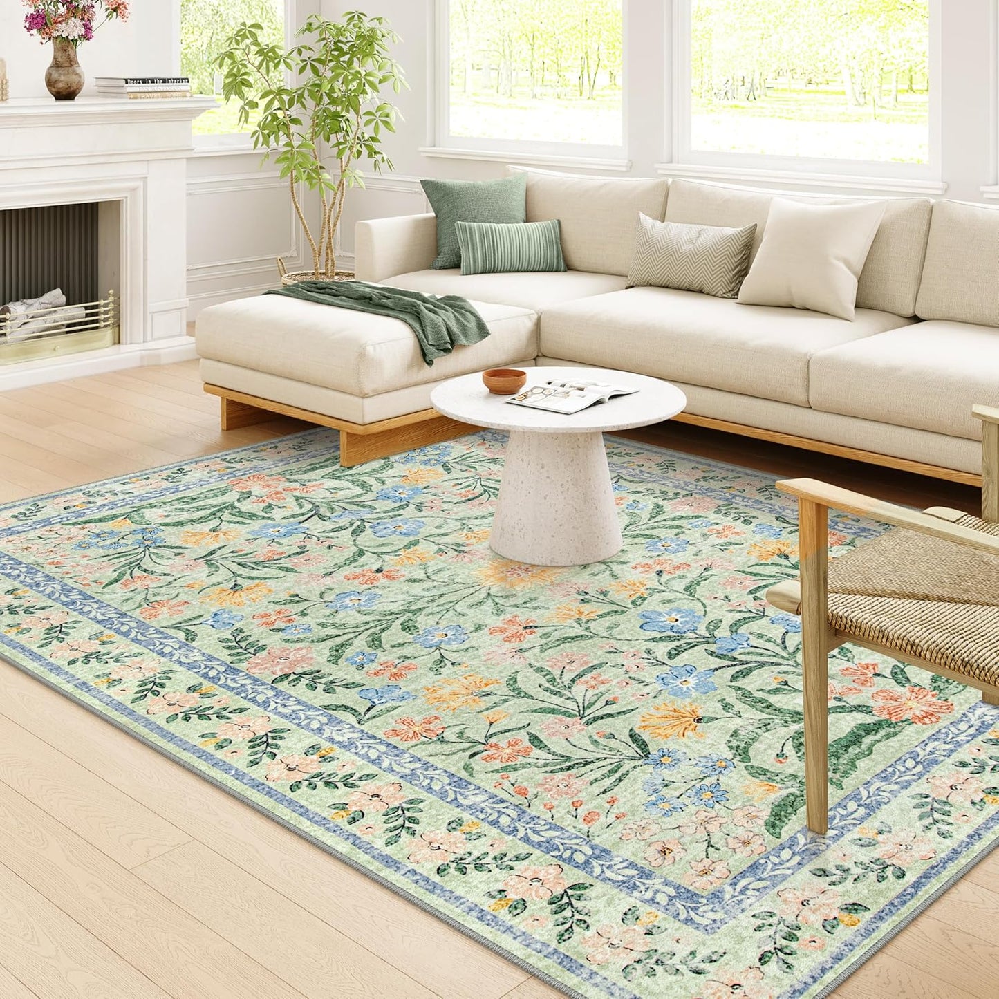 Wonnitar Boho Washable Rugs 8x10, Large Floral Rugs for Bedroom, 8 x 10 Soft Green Living Room Carpet, Non Slip Ultra-Thin Carpet for Kids Playroom Dorm Dining Room
