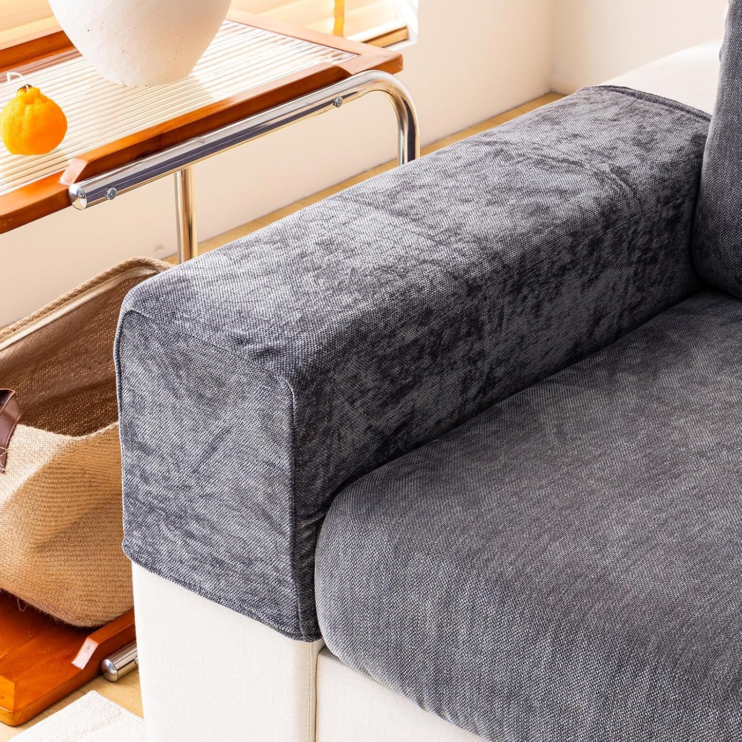 Chenille Sofa Armrest Covers, Soft Stretch Non-Slip Couch Arm Covers for Sofa, Chair or L Shaped Sectional, Furniture Protector (2 Pieces, Dark Grey)