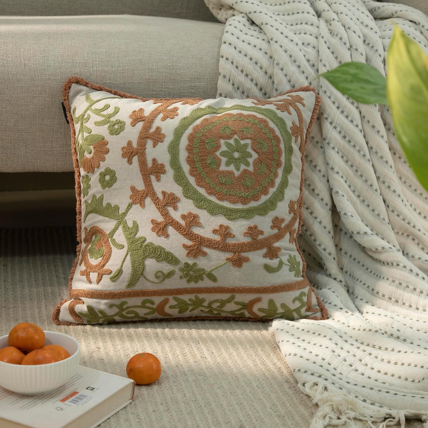 Embroidered Mandala Floral Vintage Indian Cotton Decorative Embroidery Throw Pillow Covers, Fringes Lace Cushion Cover, Pillow Case for Sofa Couch Bed Chair 18" x 18"