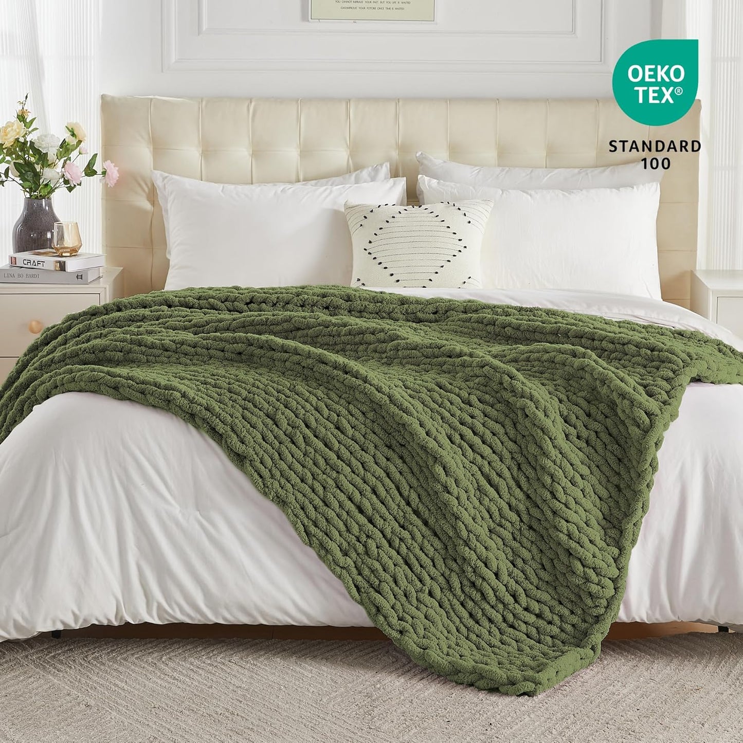 Carriediosa Chunky Knit Throw Blanket 50" X 60", 100% Hand Made Large Chenille Loop Yarn Soft Fluffy Throws for Couch Sofa Bed, Big Crochet Cozy Heavy Thick Cable Woven Blankets, Olive Green