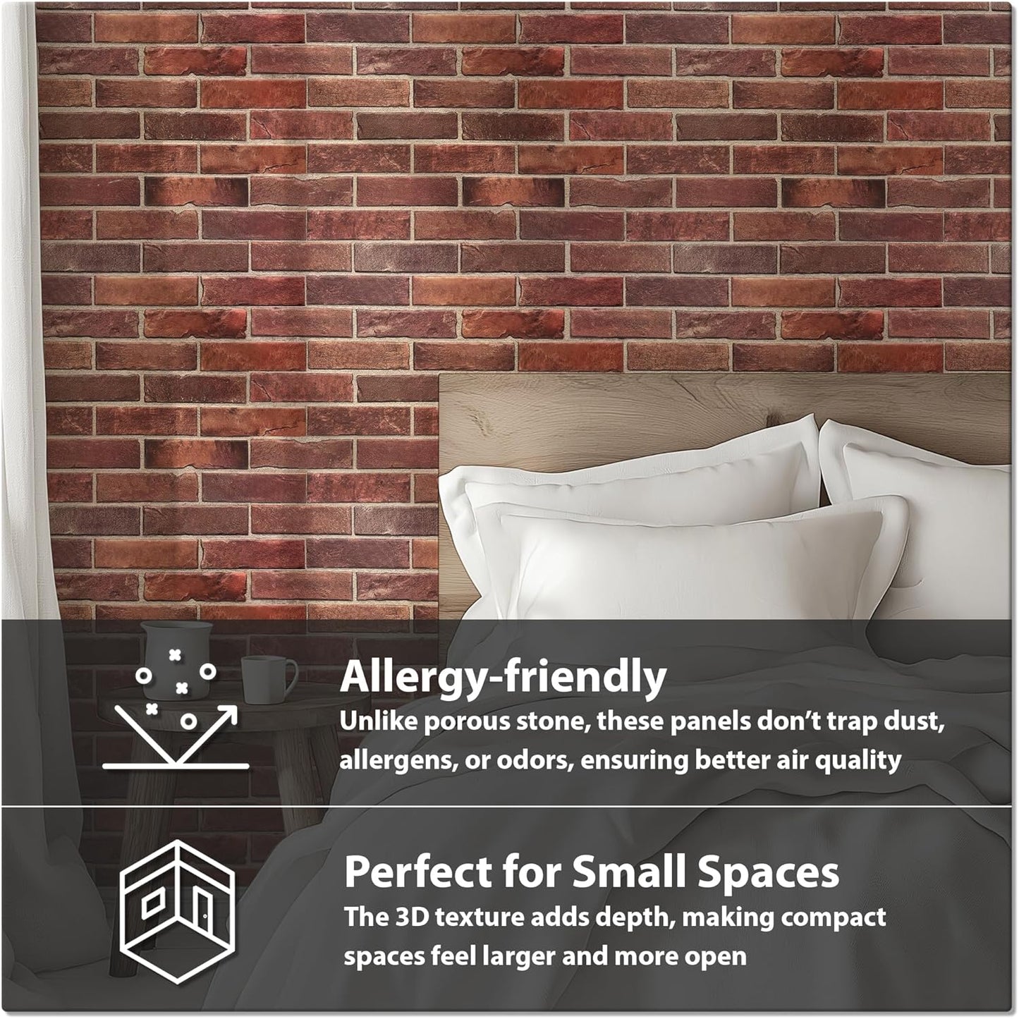 CONCORD WALLCOVERINGS ™ 3D Red Faux Brick Wall Panels - Pack of 20, Lightweight 17.5" x 24" (44.5 cm x 61 cm) PVC Sheets, Decorative Stone Tiles for Living Room, Kitchen - Covers 58.33 Sq Ft