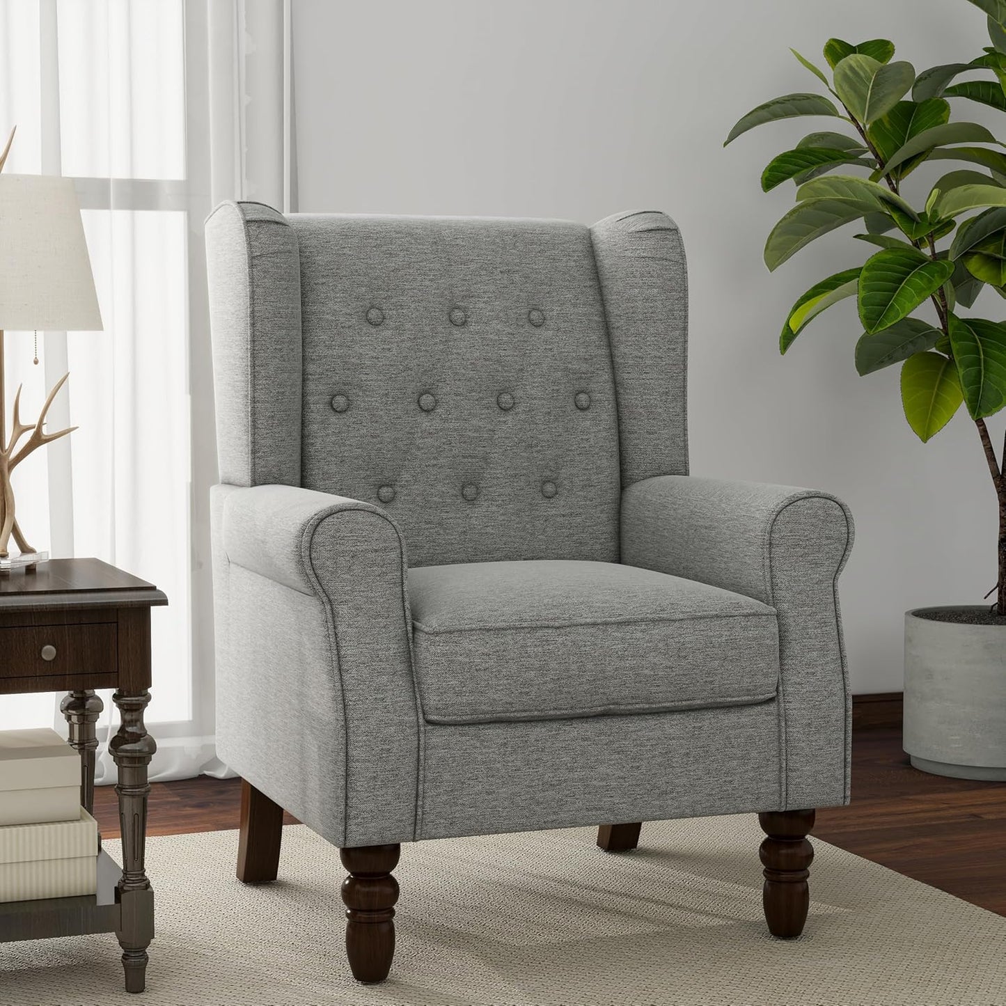 Lumibee High Back Accent Chair,Upholstered Wingback Armchair with Solid Wood Legs for Small Spaces,Comfy Single Sofa Chair for Living Room,Bedroom,Office-Light Gray
