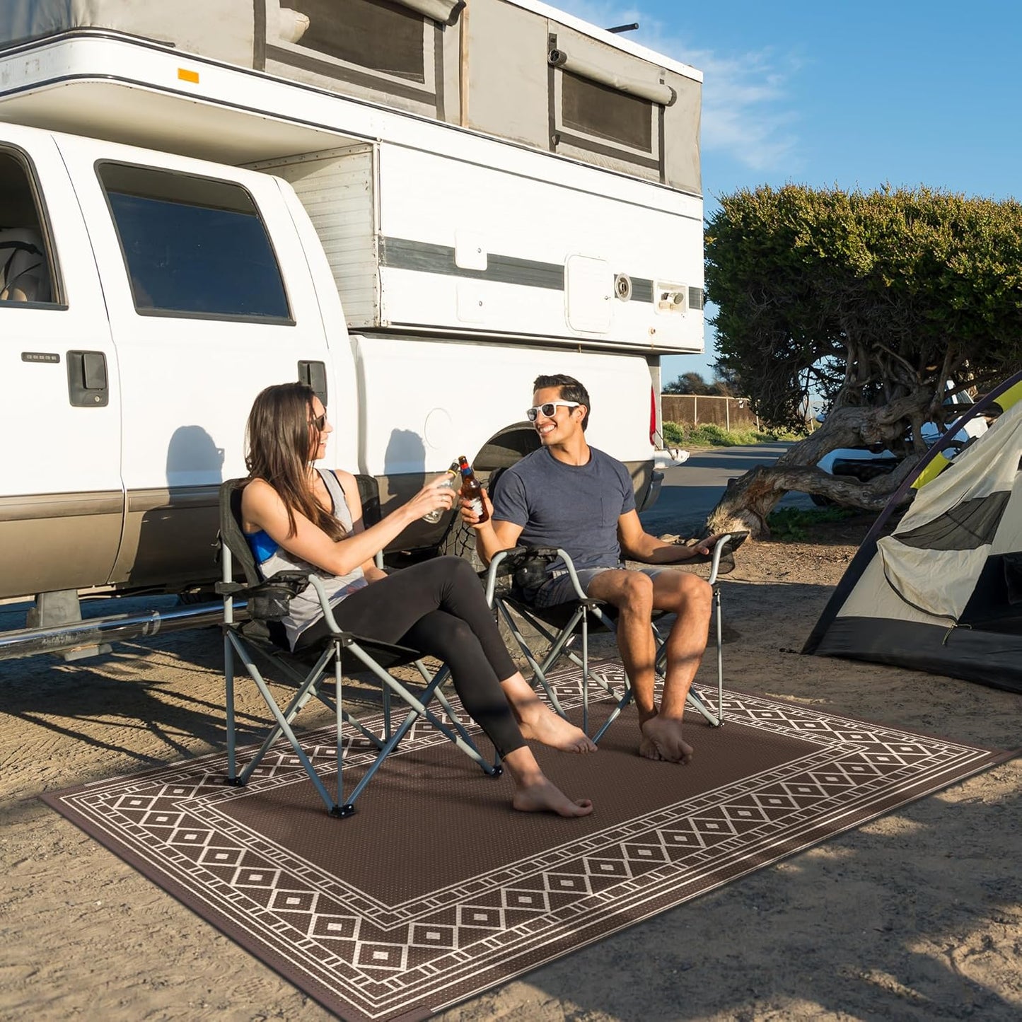 GENIMO Outdoor Rug Waterproof for Patio Decor, 3'x5' Foldable Reversible Plastic Straw Carpet for Porch, Outside Area Mat for Entryway, Rv, Deck, Picnic, Camper, Balcony, Beach, Coffee & Beige