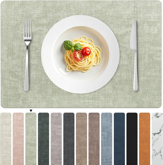FROMHEART Faux Leather Placemats Set of 8–Waterproof,Heat/Oil Stain-Resistant PU Table Mat–Reversible,Non-Slip,Easy to Clean Place Mats for Kitchen,Dining,Indoor/Outdoor,(Light Green,11.8" x 17")