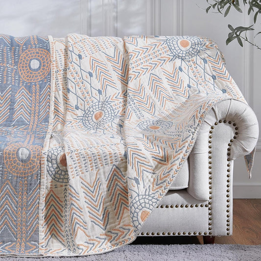 jinchan Boho 100% Cotton Muslin 50x60 Throw Blanket Lightweight 4-Layer Orange Multi Reversible Blanket Washable Breathable Decorative Geometric Striped Pattern Soft Comfy for Couch Bed All Seasons