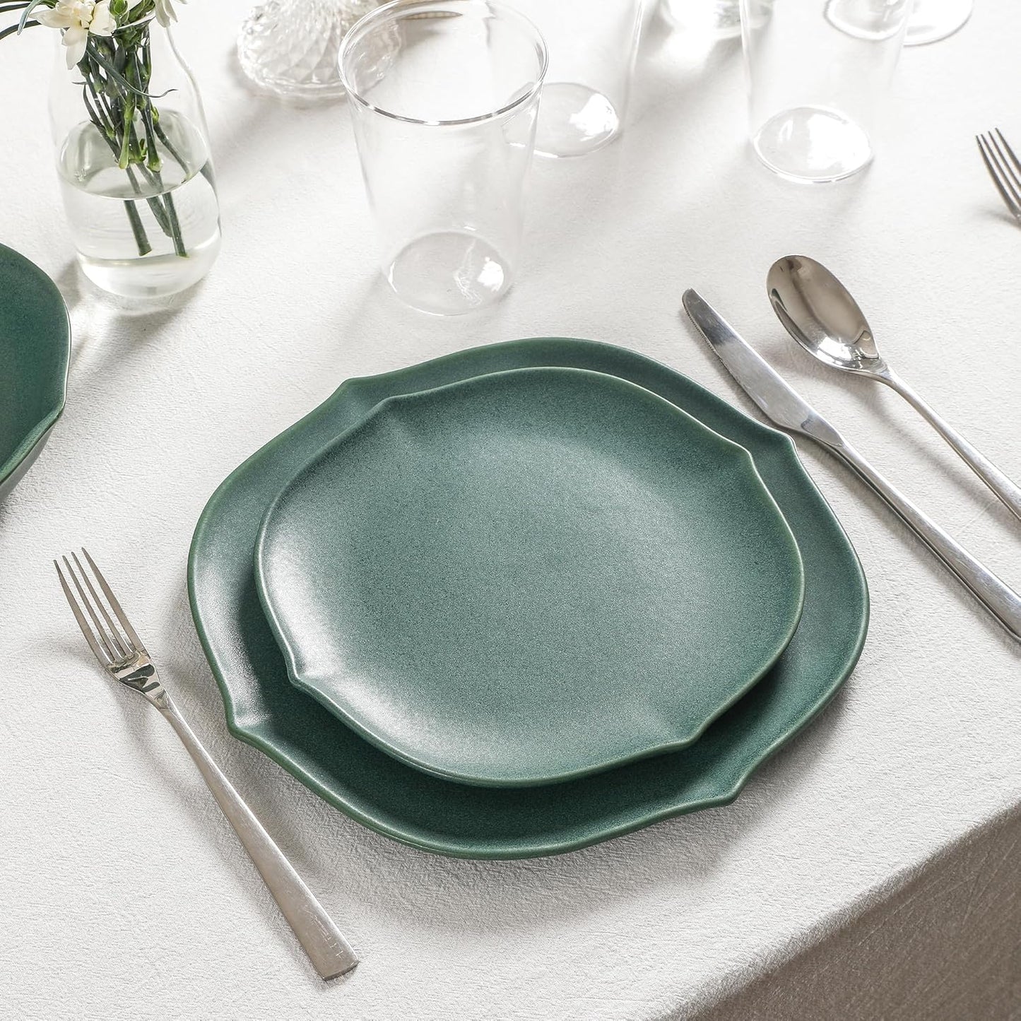 Stone Lain Baskerville 32-Piece Dinnerware Set Stoneware, Borosilicate Glass, Green