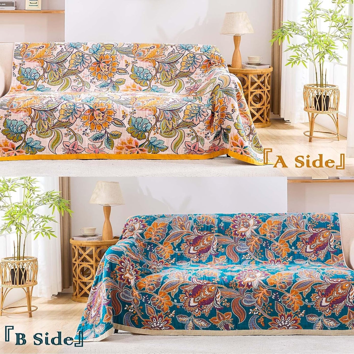 Boho Throw Blanket for Bed, 100% Cotton Soft Rustic Quilt Fall Blanket, 90"x98" Floral Printed Farmhouse Decor Bed Blankets, All Season Rustic Reversible Bohemian Throw Quilt