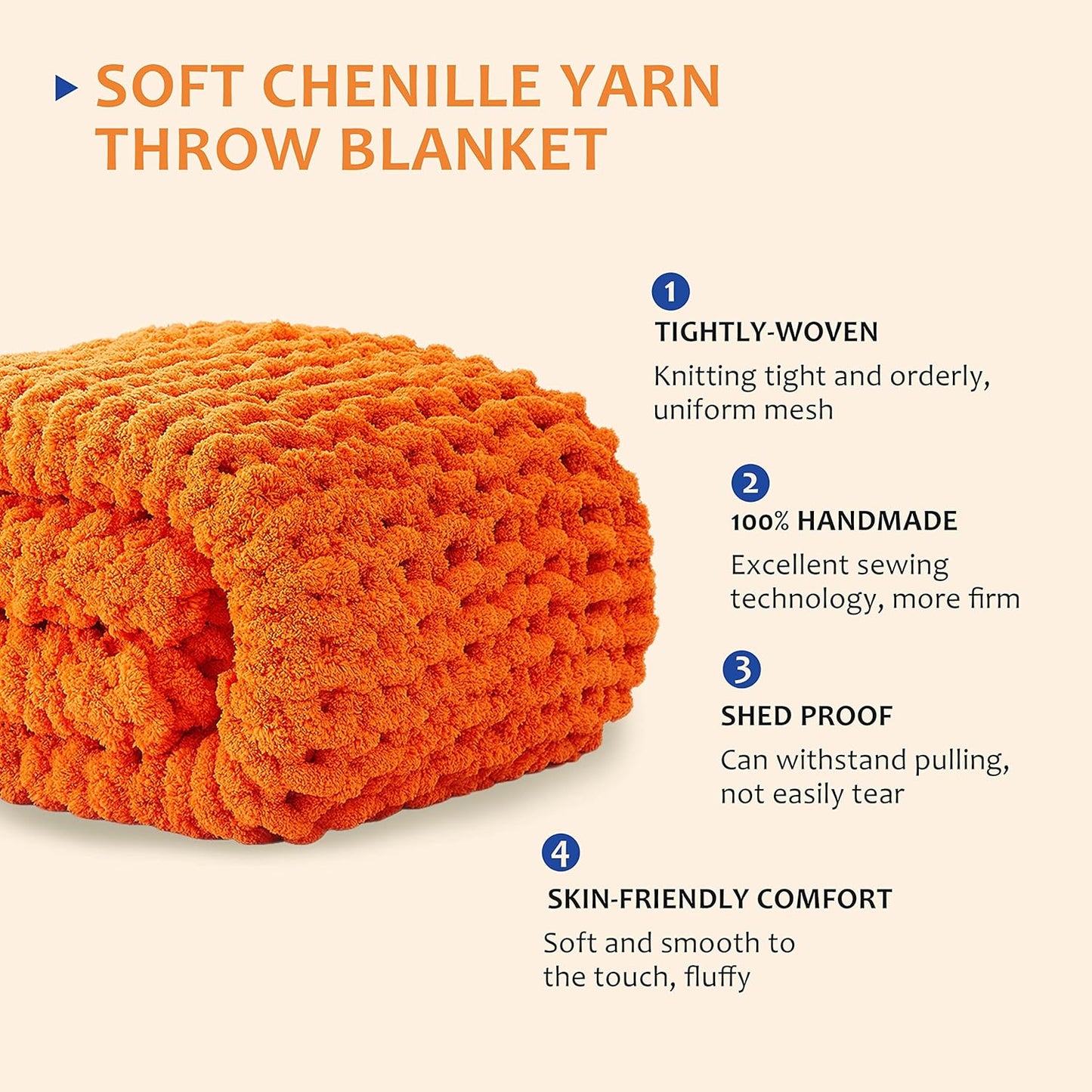 L'AGRATY Chunky Knit Blanket Throw: 30''x40'' Chenille Thick Knitted Throw for Bed & Couch - Handmade Large Crochet Rope Blanket - Orange