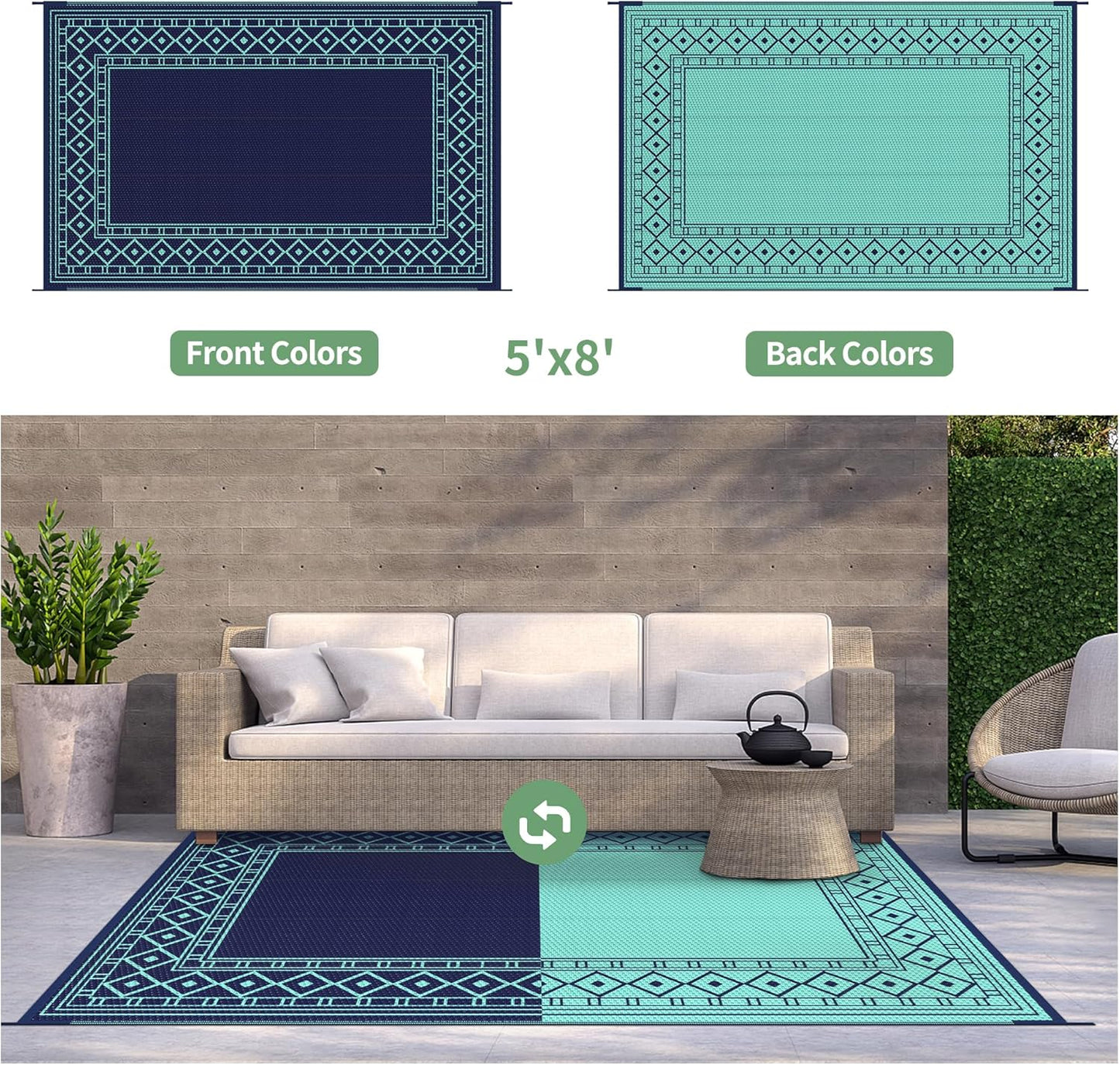 GENIMO Outdoor Rug Waterproof 5'x8' for Patio, Foldable Reversible Plastic Straw Carpet for Travel Trailers, Outside Area Mat for Rv, Deck, Picnic, Porch, Balcony, Beach, Navy Blue & Jade Green