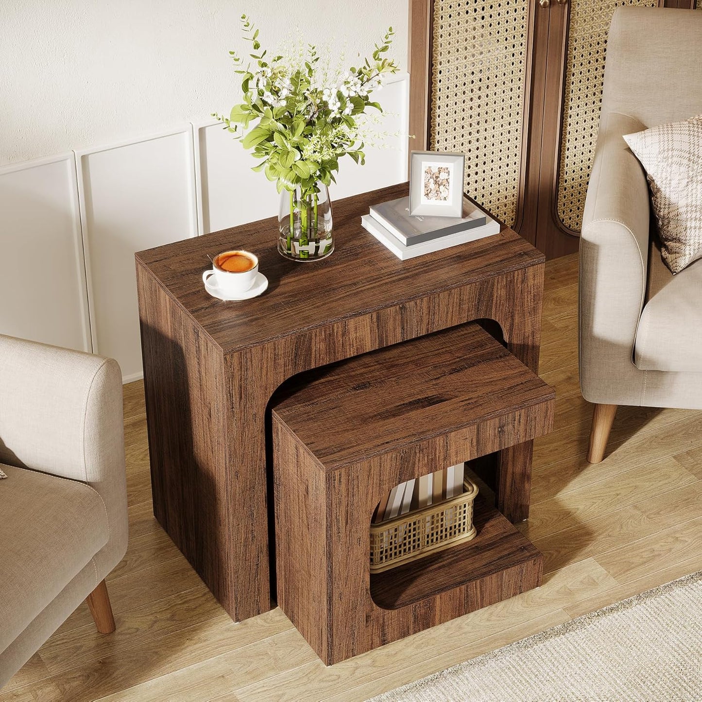 Tribesigns Nesting End Table Set, Walnut Side Table for Living Room, Night Stand Set for Bedroom, Small Spaces, Brown