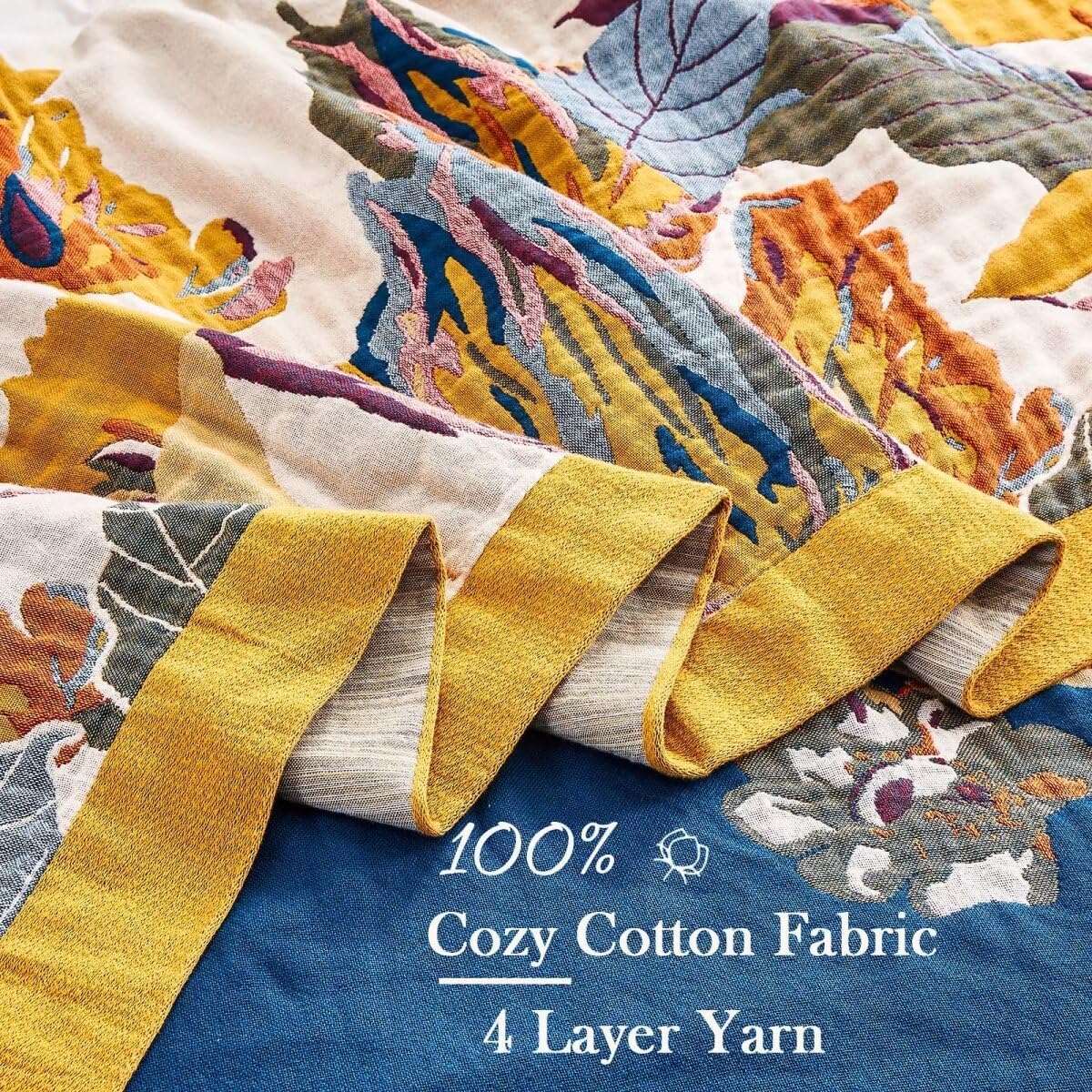 Boho Throw Blanket, 100% Cotton Ultra Soft Luxury Throw Rustic Quilt, 60"x80" Floral Bird Butterfly Farmhouse Decor Bed Blankets, All Season Rustic Reversible Bohemian Throw for Bed - Yellow