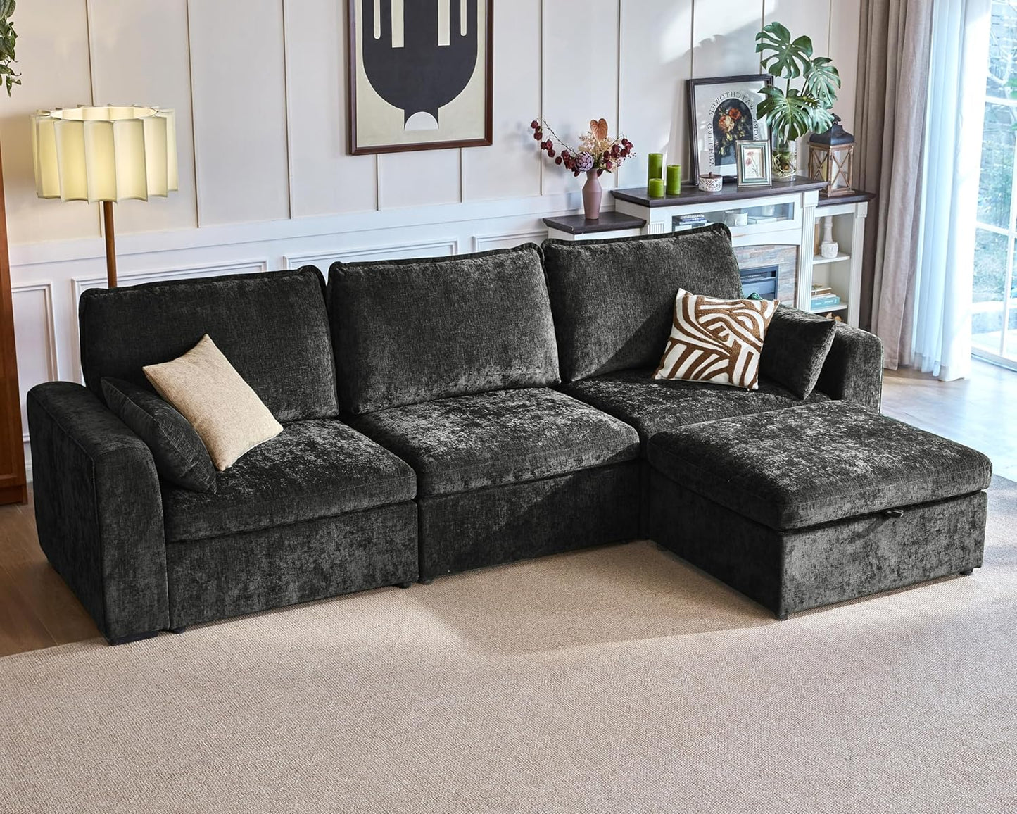 Oversized Modular Sofa Comfy Cloud Couch with Storage, Extra Deep Plush Sectional Sofa Set for Living Room, Covers Washable, Chenille, Olar (Black, 4-Seater with Ottoman, l-Shaped)