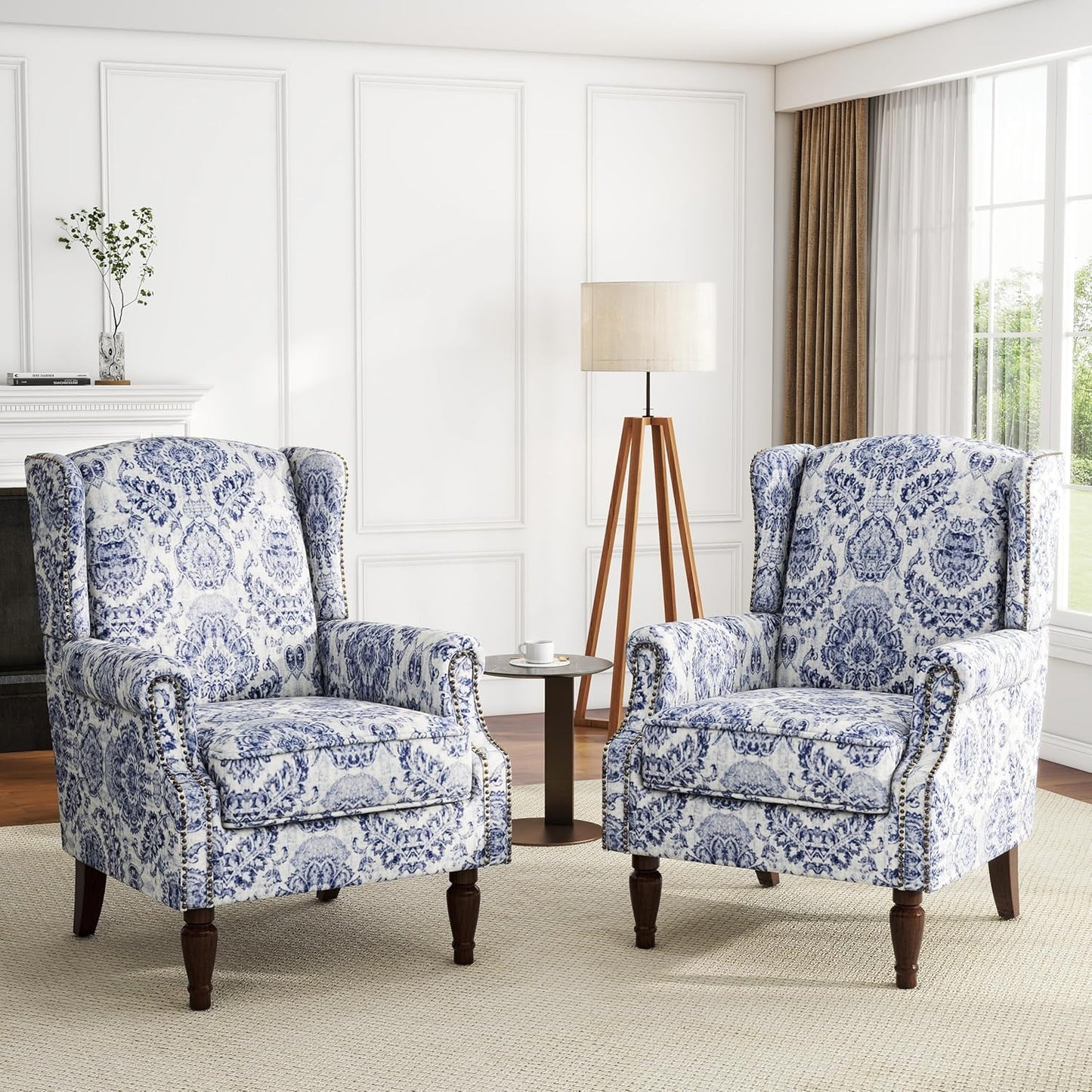 UIXE High Back Floral Accent Chairs Set of 2, Upholstered Armchair in Fabric, Retro Printed Wingback Arm Chair for Living Room, Nailhead Trim Single Sofa Bedroom Reading Seat - Navy Blue